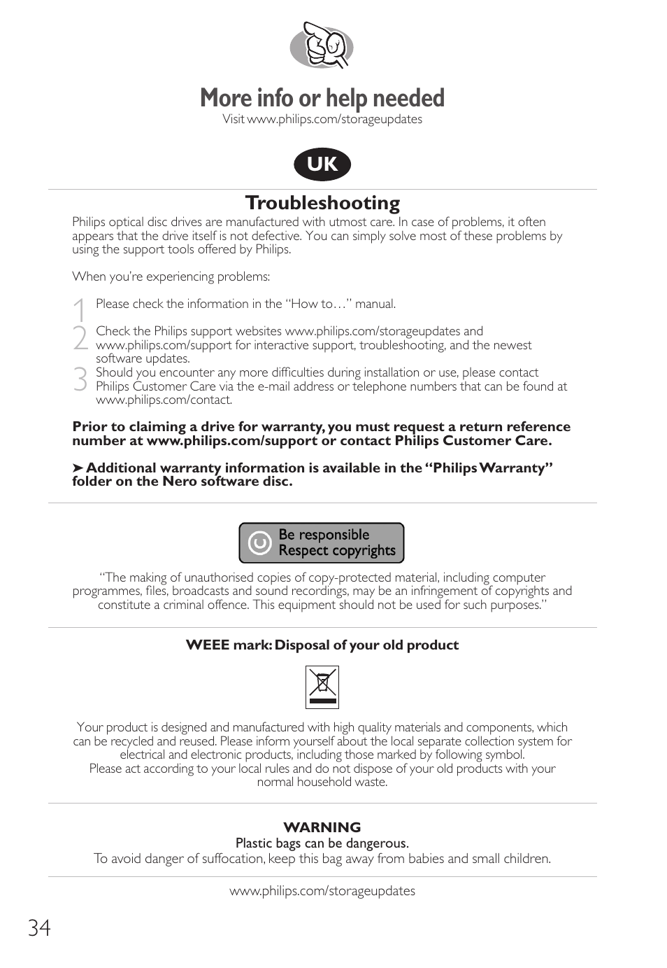 More info or help needed, Troubleshooting | Philips SPD8006BM-17 User Manual | Page 34 / 76