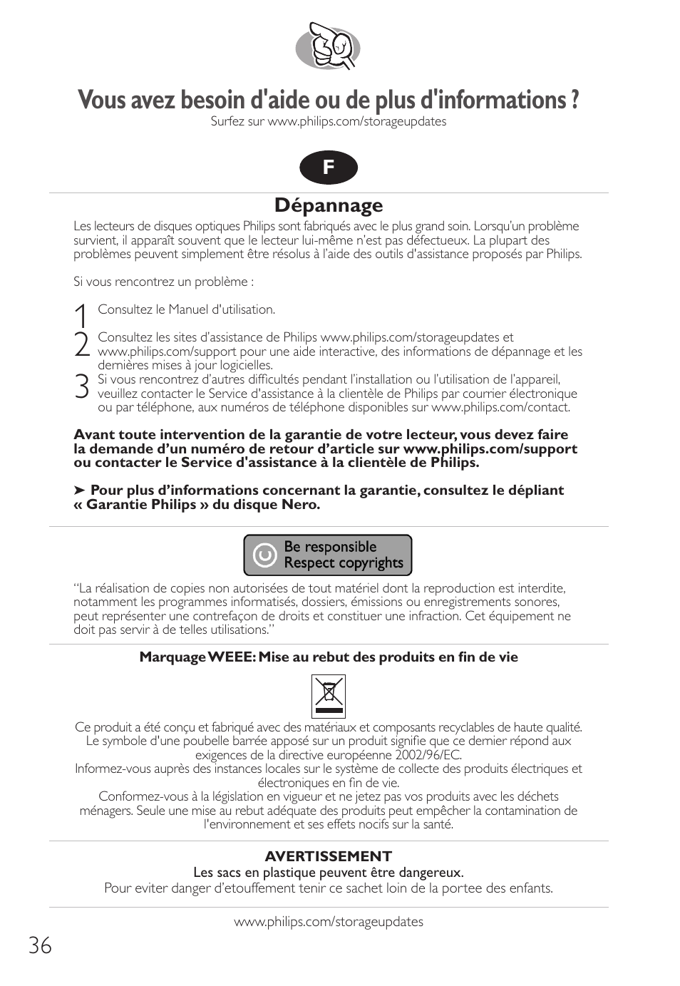 Vous avez besoin d'aide ou de plus d'informations, Dépannage | Philips SPD8006BM-17 User Manual | Page 36 / 76