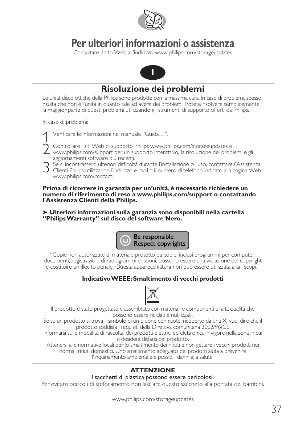 Per ulteriori informazioni o assistenza, Risoluzione dei problemi | Philips SPD8006BM-17 User Manual | Page 37 / 76