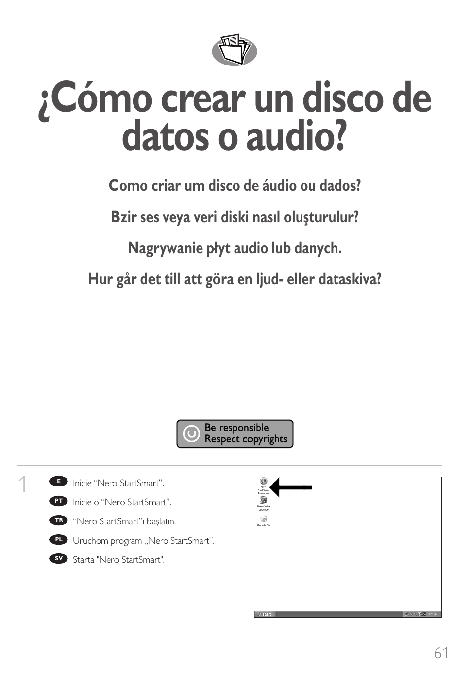 Cómo crear un disco de datos o audio | Philips SPD8006BM-17 User Manual | Page 61 / 76
