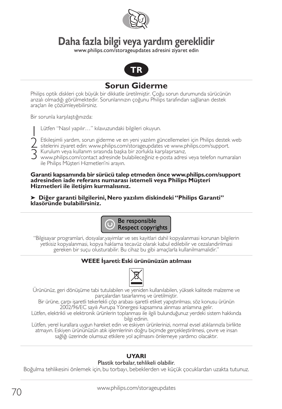 Daha fazla bilgi veya yardım gereklidir, Sorun giderme | Philips SPD8006BM-17 User Manual | Page 70 / 76