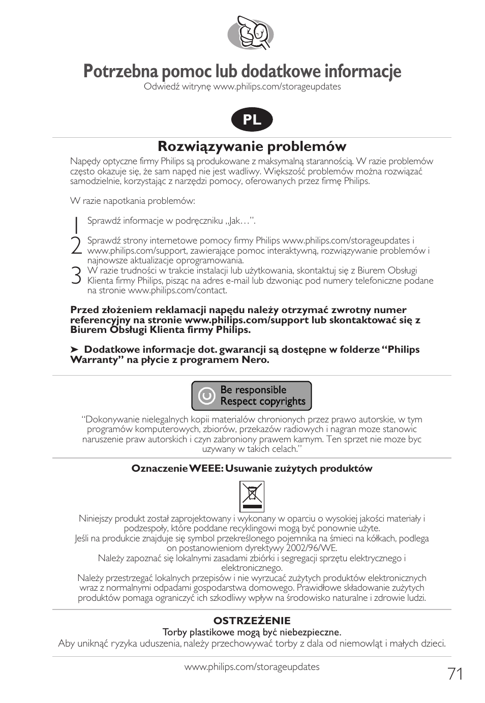 Potrzebna pomoc lub dodatkowe informacje, Rozwiązywanie problemów | Philips SPD8006BM-17 User Manual | Page 71 / 76