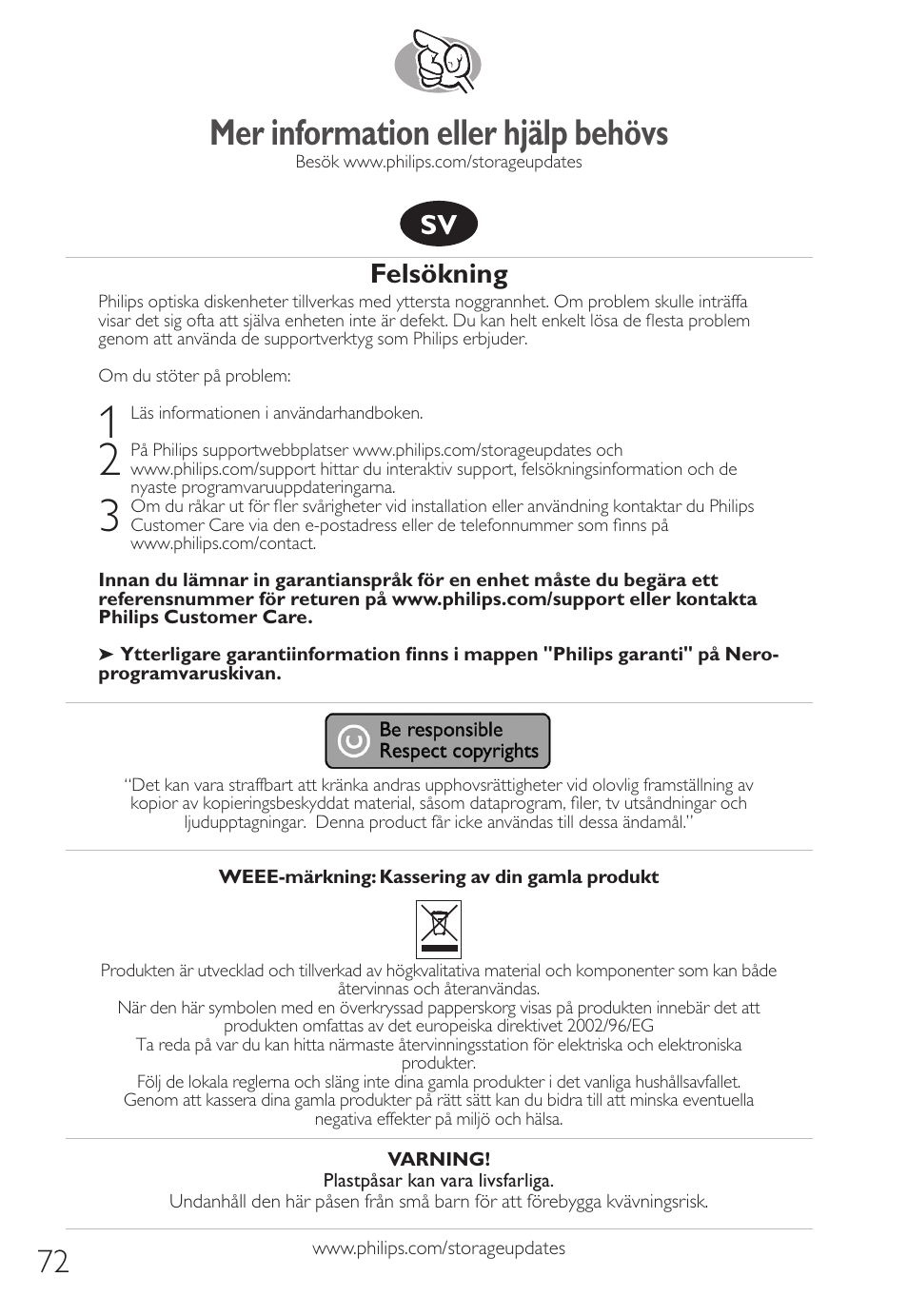 Mer information eller hjälp behövs, Felsökning | Philips SPD8006BM-17 User Manual | Page 72 / 76