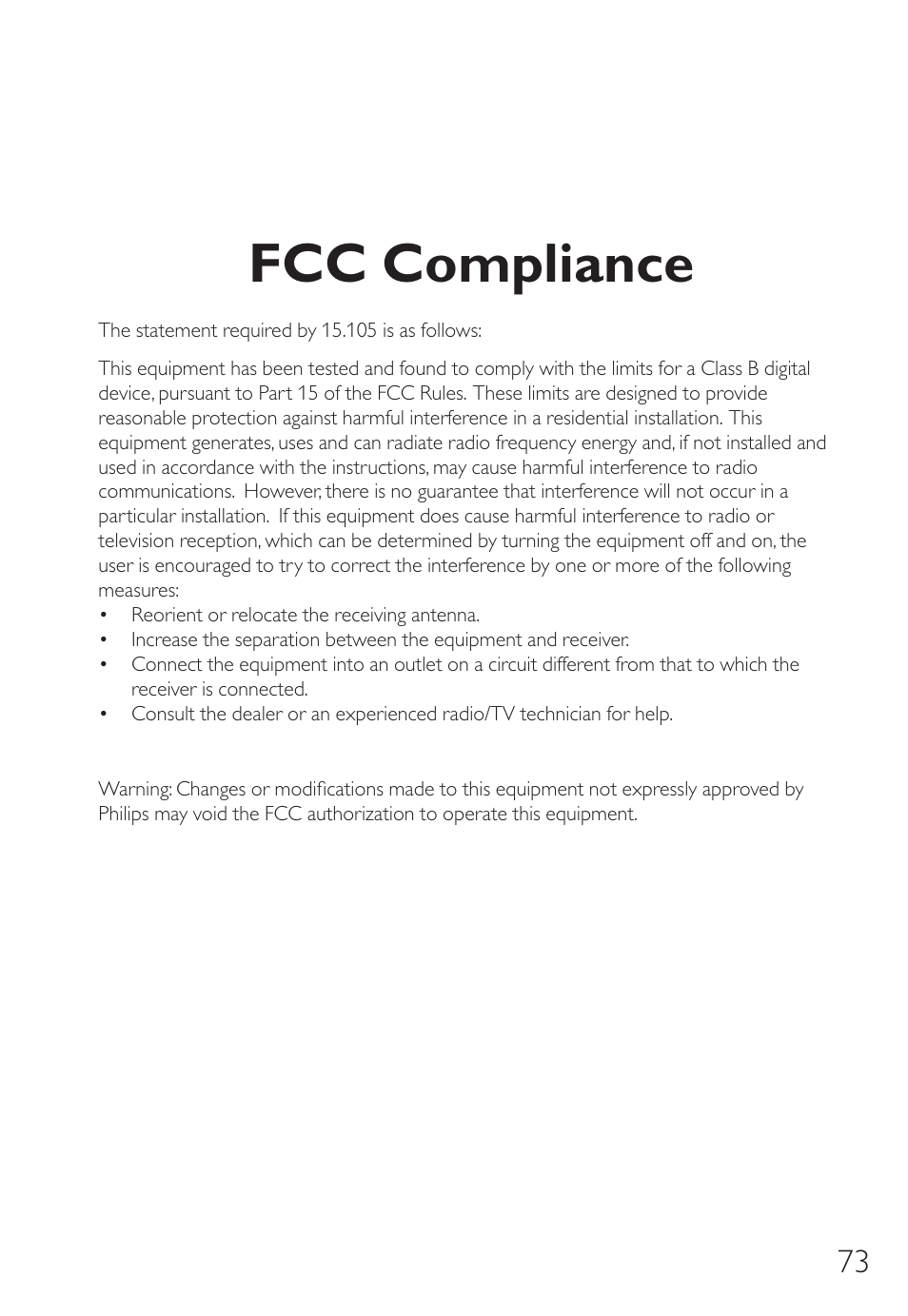 Fcc compliance | Philips SPD8006BM-17 User Manual | Page 73 / 76