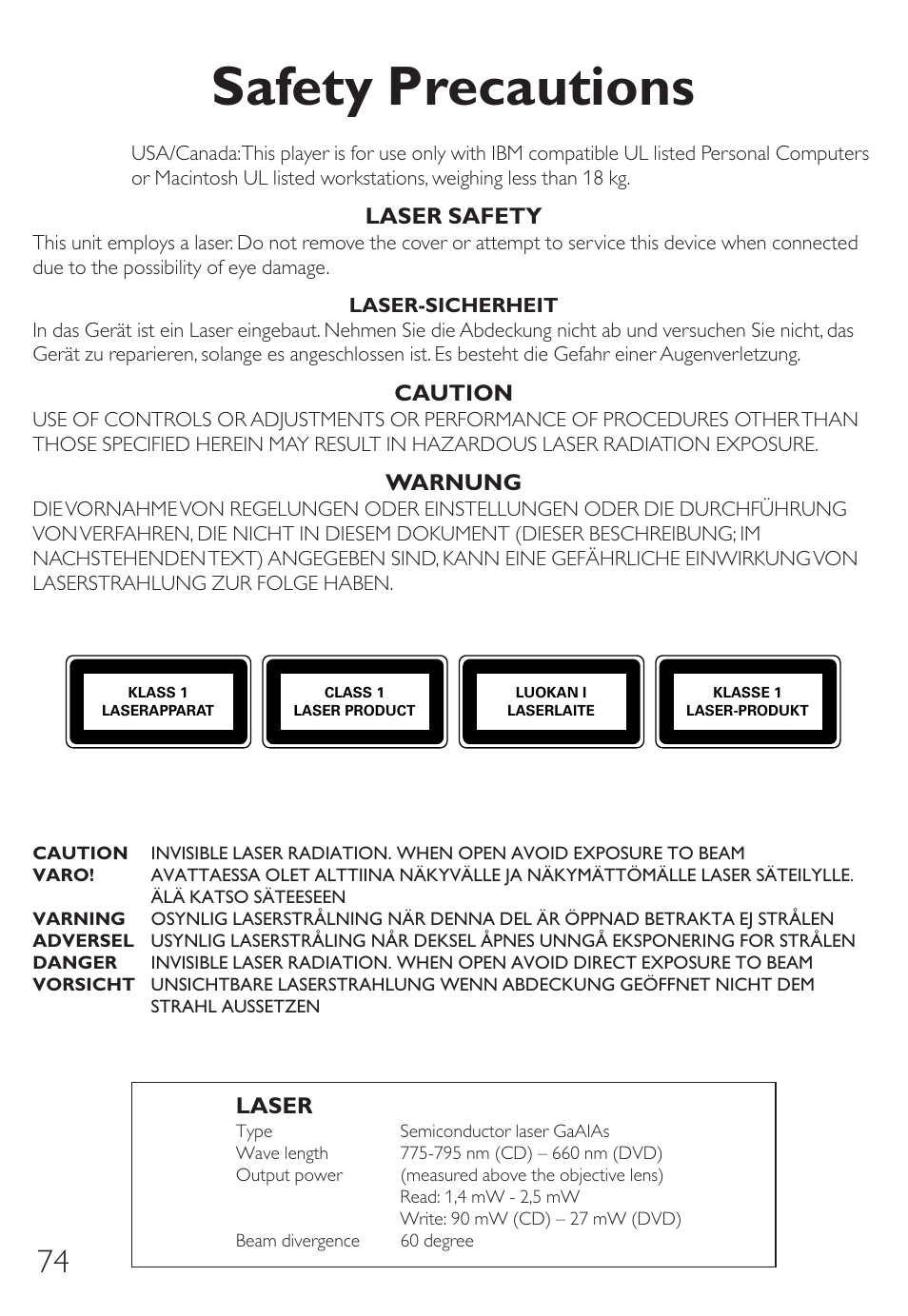 Safety precautions, Laser safety, Caution | Warnung, Laser | Philips SPD8006BM-17 User Manual | Page 74 / 76