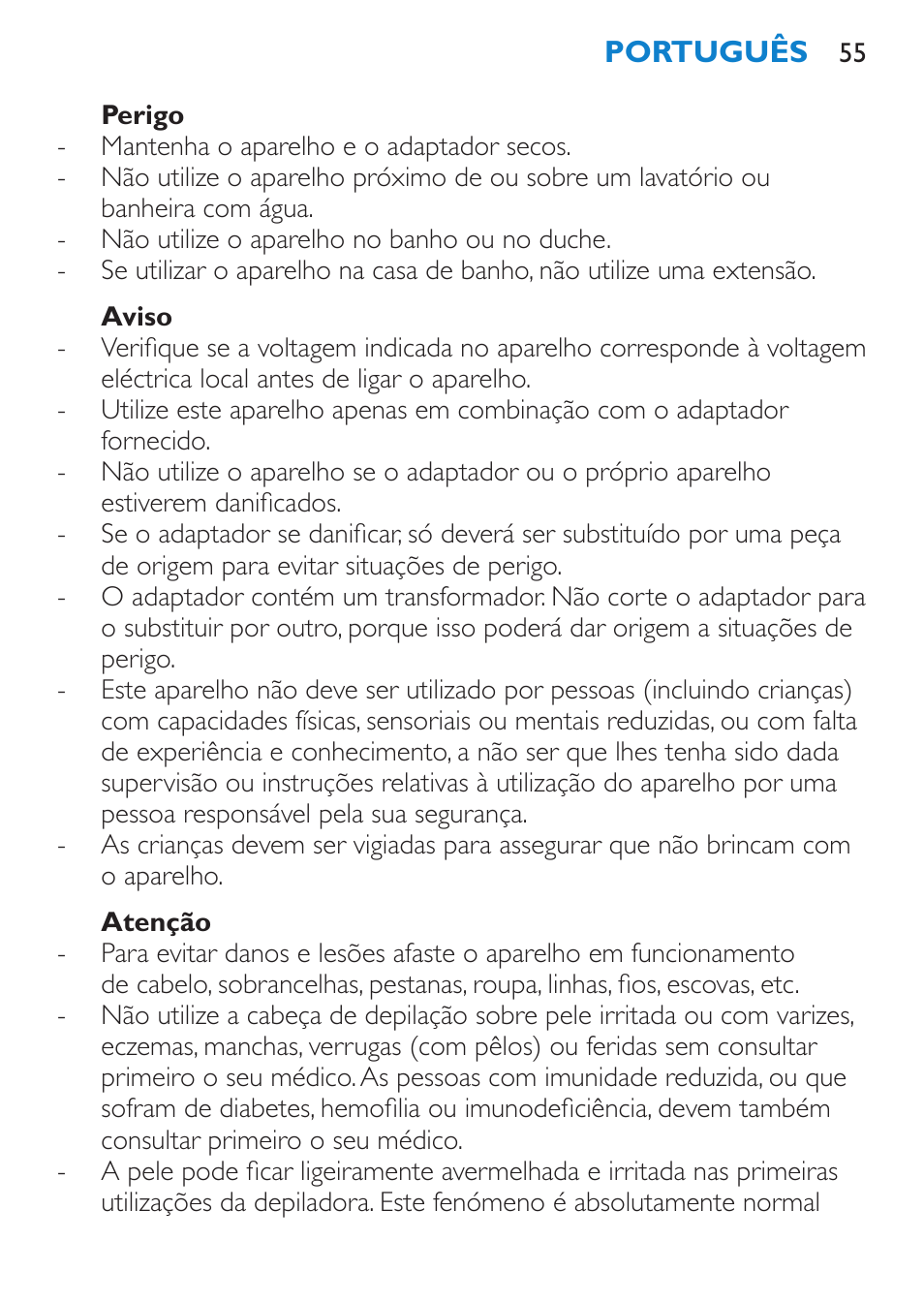 Perigo, Aviso, Atenção | Philips Satinelle Depiladora User Manual | Page 55 / 72