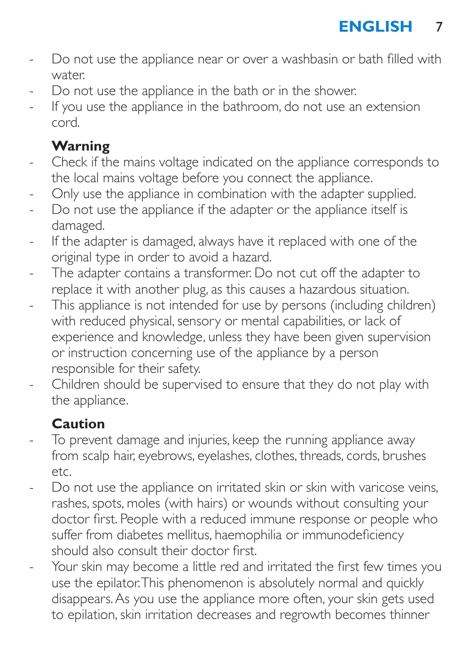Warning, Caution | Philips Satinelle Depiladora User Manual | Page 7 / 72