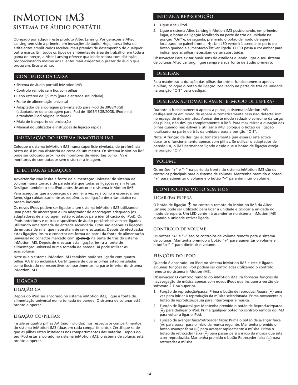 Otion i, Sistema de áudio portátil | Altec Lansing iM3 User Manual | Page 16 / 44