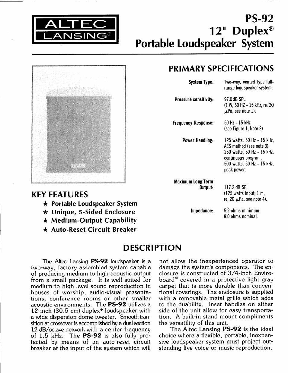 Altec Lansing PS-92 User Manual | 4 pages