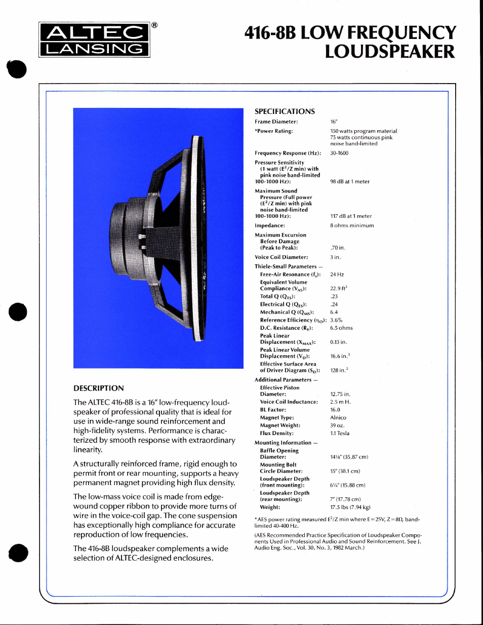 Altec Lansing 416-8B User Manual | 2 pages