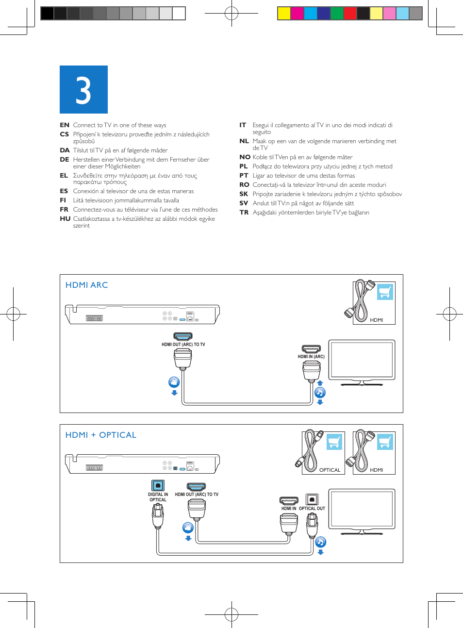 Hdmi + audio l/r, Hdmi + coaxial, Hdmi arc hdmi + optical | Philips Sistema de cine en casa 5.1 User Manual | Page 6 / 12