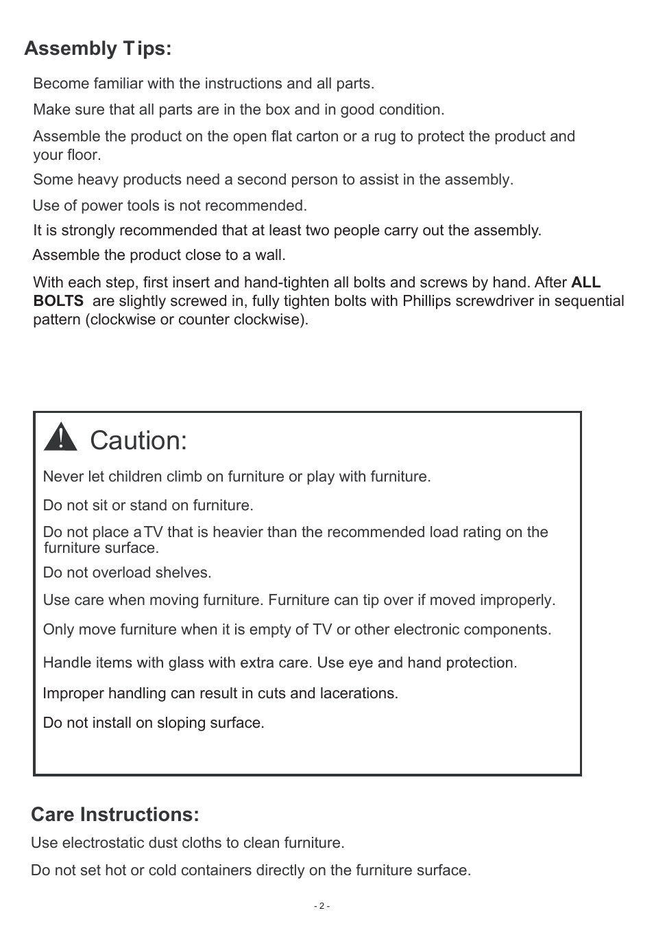 Caution, Assembly tips, Care instructions | Atlantic 36835515 User Manual | Page 2 / 14