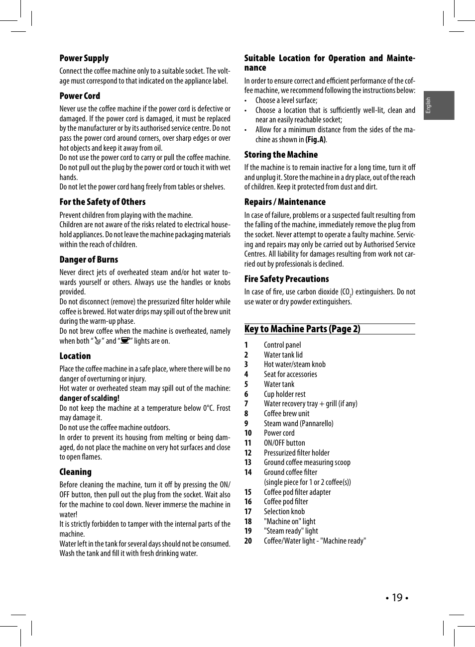 Key to machine parts (page 2) | Philips Saeco Poemia Cafetera expreso manual User Manual | Page 19 / 120