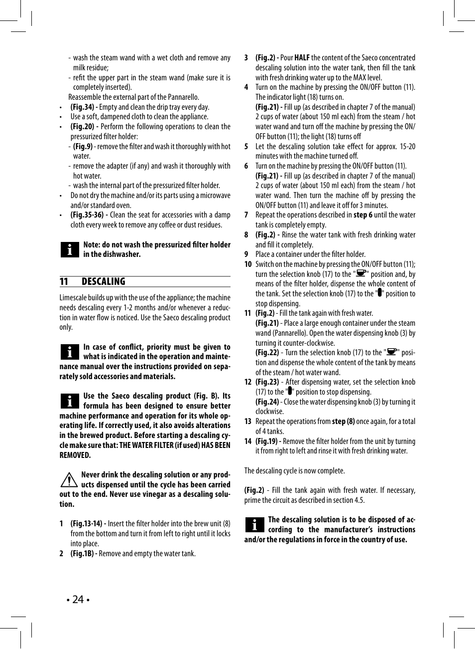 11 descaling | Philips Saeco Poemia Cafetera expreso manual User Manual | Page 24 / 120