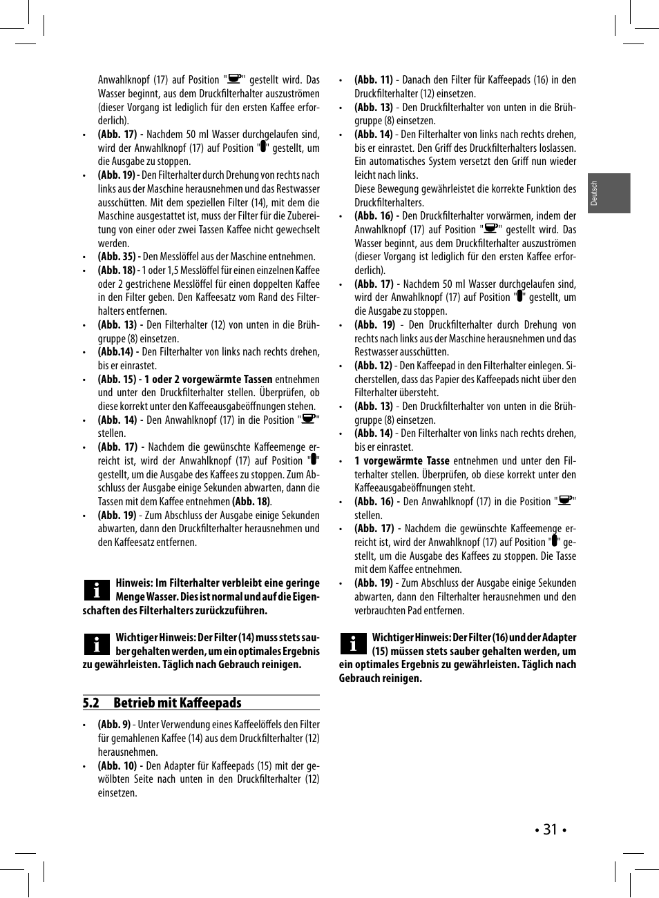 2 betrieb mit kaff eepads | Philips Saeco Poemia Cafetera expreso manual User Manual | Page 31 / 120