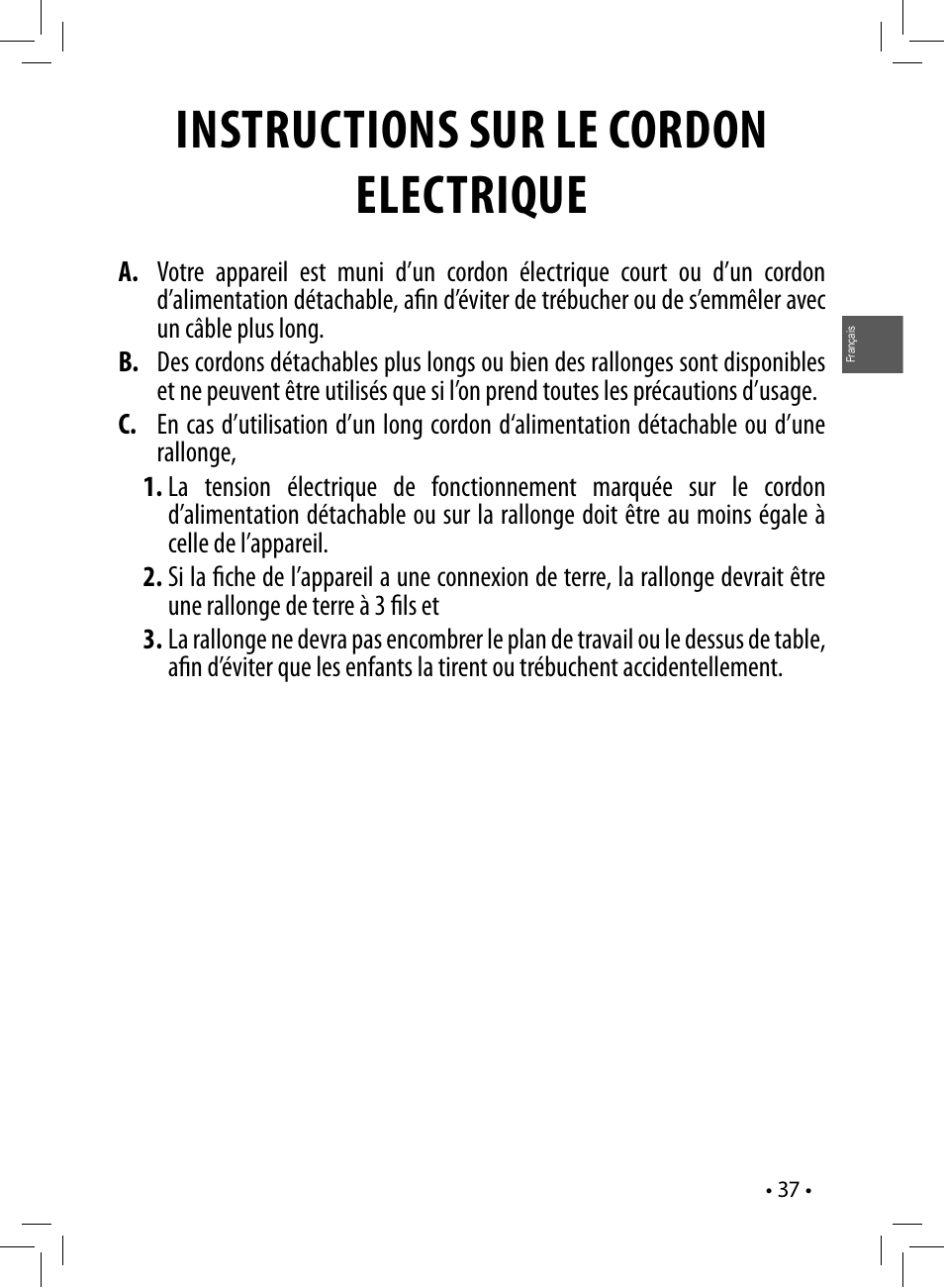 Instructions sur le cordon electrique | Philips Saeco Poemia Cafetera expreso manual User Manual | Page 37 / 120
