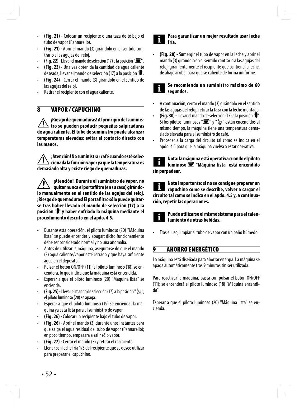 8 vapor / capuchino, 9 ahorro energético | Philips Saeco Poemia Cafetera expreso manual User Manual | Page 52 / 120