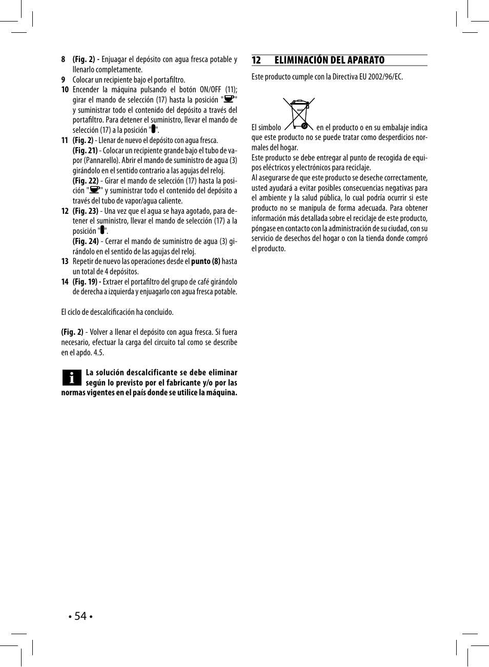 12 eliminación del aparato | Philips Saeco Poemia Cafetera expreso manual User Manual | Page 54 / 120