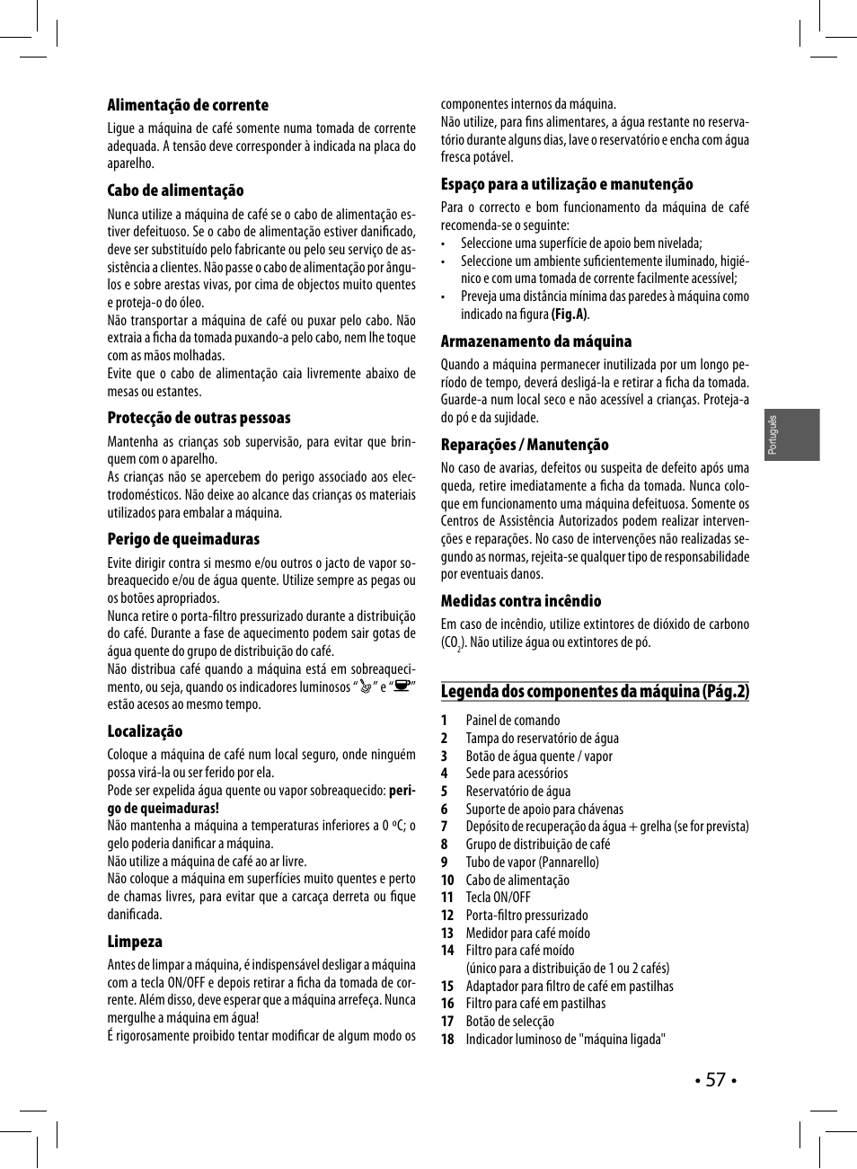 Legenda dos componentes da máquina (pág.2) | Philips Saeco Poemia Cafetera expreso manual User Manual | Page 57 / 120