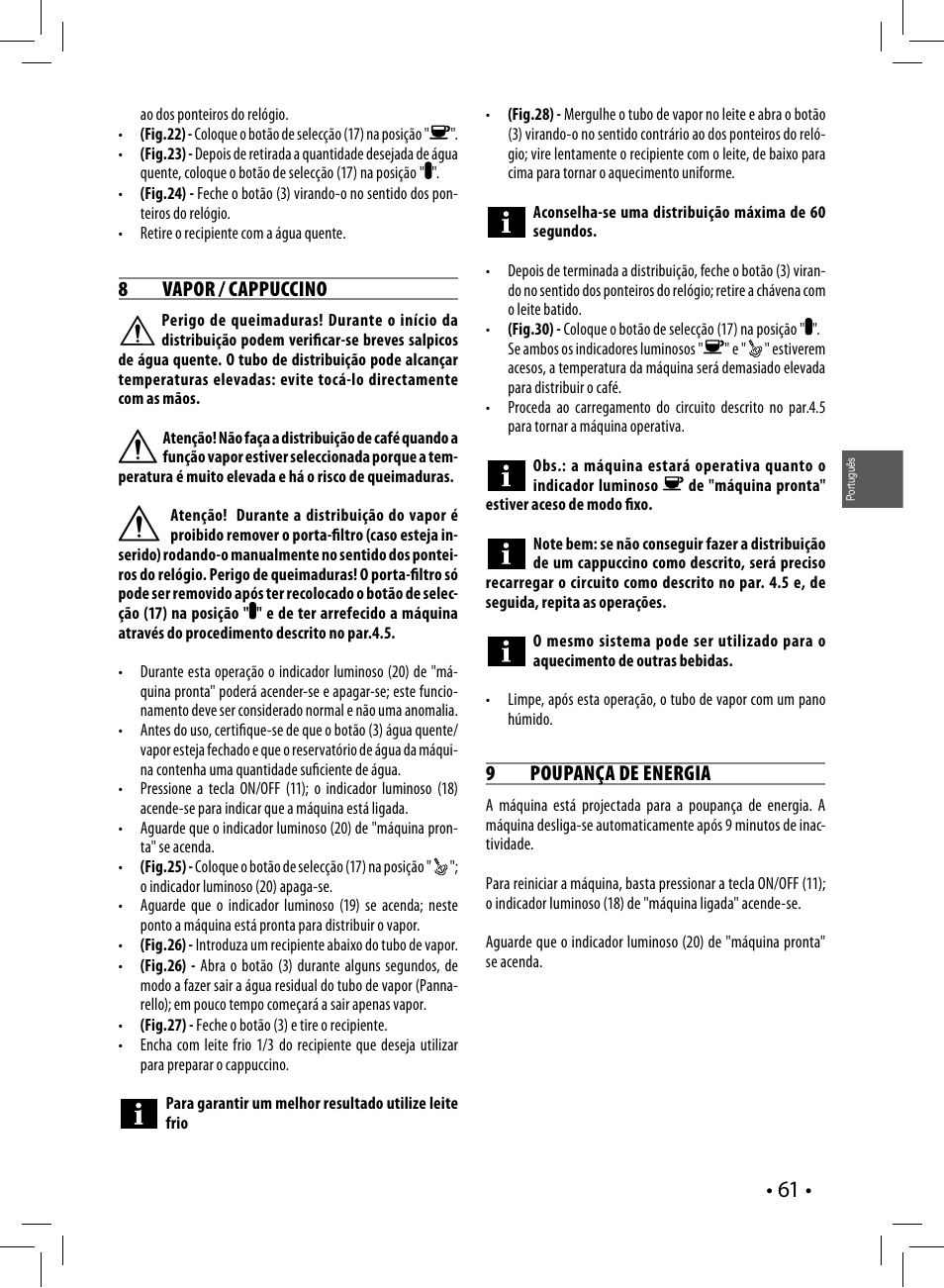8va po r / cappuccino, 9poupança de energia | Philips Saeco Poemia Cafetera expreso manual User Manual | Page 61 / 120