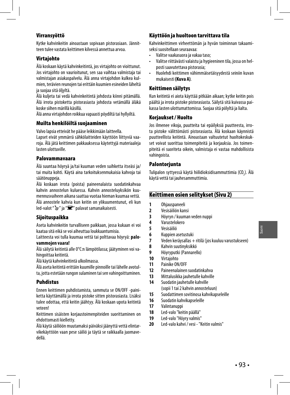 Keittimen osien selitykset (sivu 2) | Philips Saeco Poemia Cafetera expreso manual User Manual | Page 93 / 120