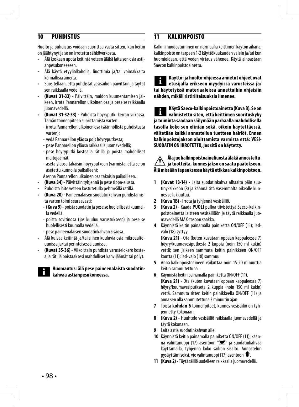 10 puhdistus, 11 kalkinpoisto | Philips Saeco Poemia Cafetera expreso manual User Manual | Page 98 / 120