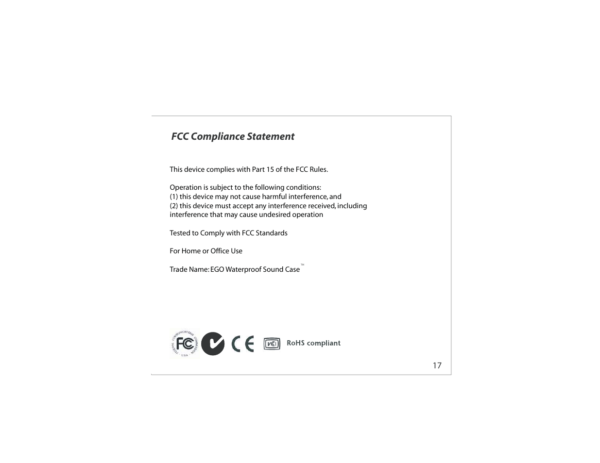Fcc compliance statement | Atlantic EGO User Manual | Page 19 / 20