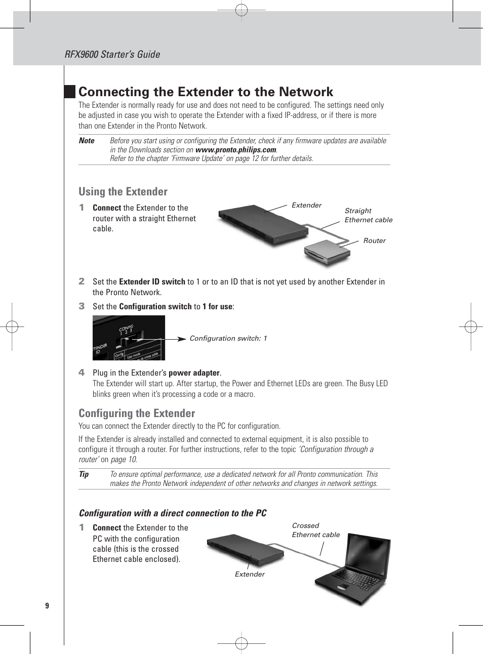 Connecting the extender to the network, Using the extender, Configuring the extender | Philips Pronto Extensor en serie User Manual | Page 12 / 48