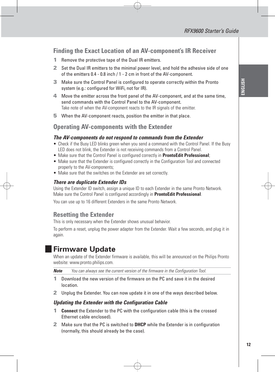 Firmware update, Operating av-components with the extender, Resetting the extender | Philips Pronto Extensor en serie User Manual | Page 15 / 48