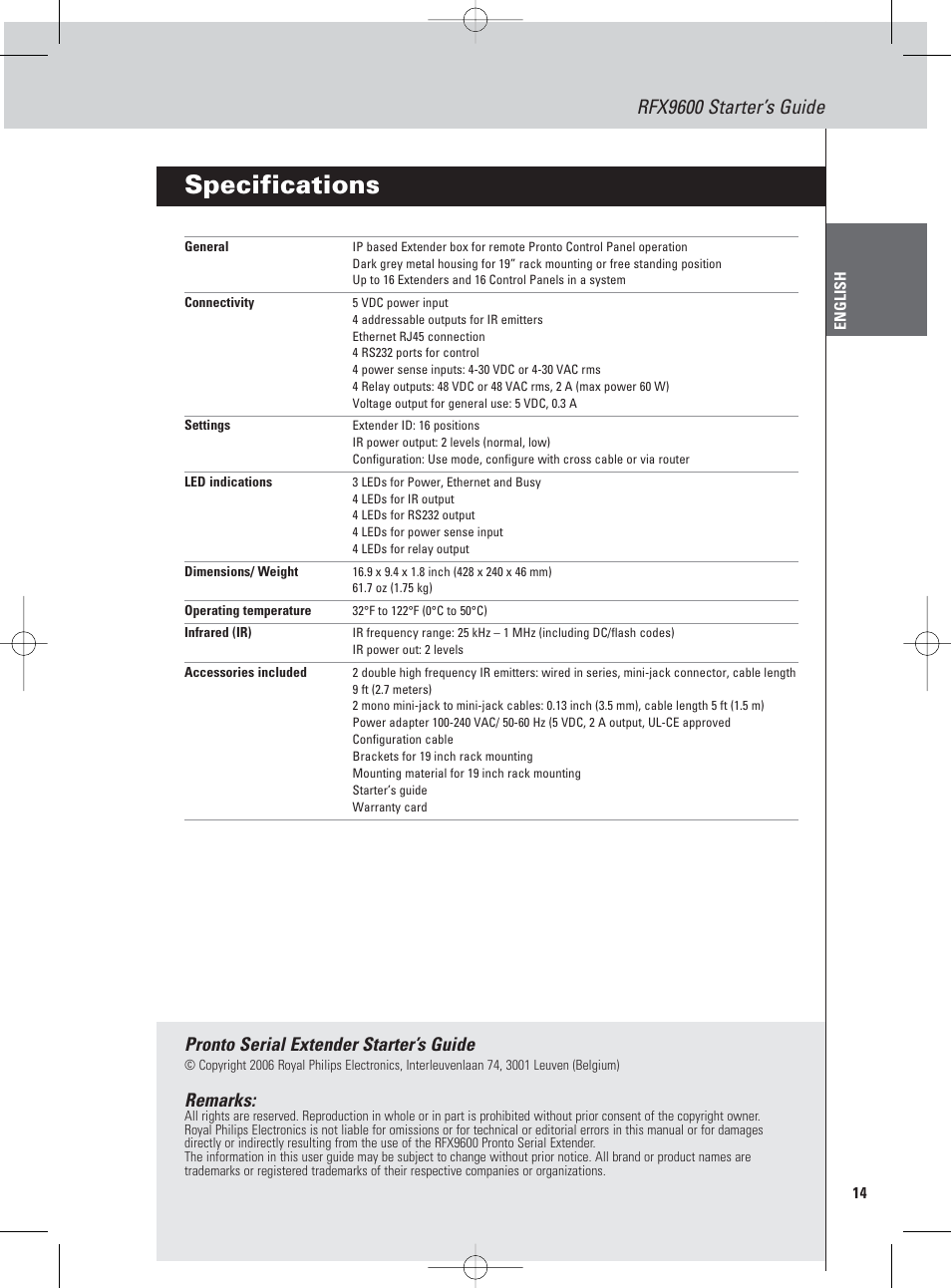 Specifications, Rfx9600 starter’s guide, Pronto serial extender starter’s guide | Remarks | Philips Pronto Extensor en serie User Manual | Page 17 / 48