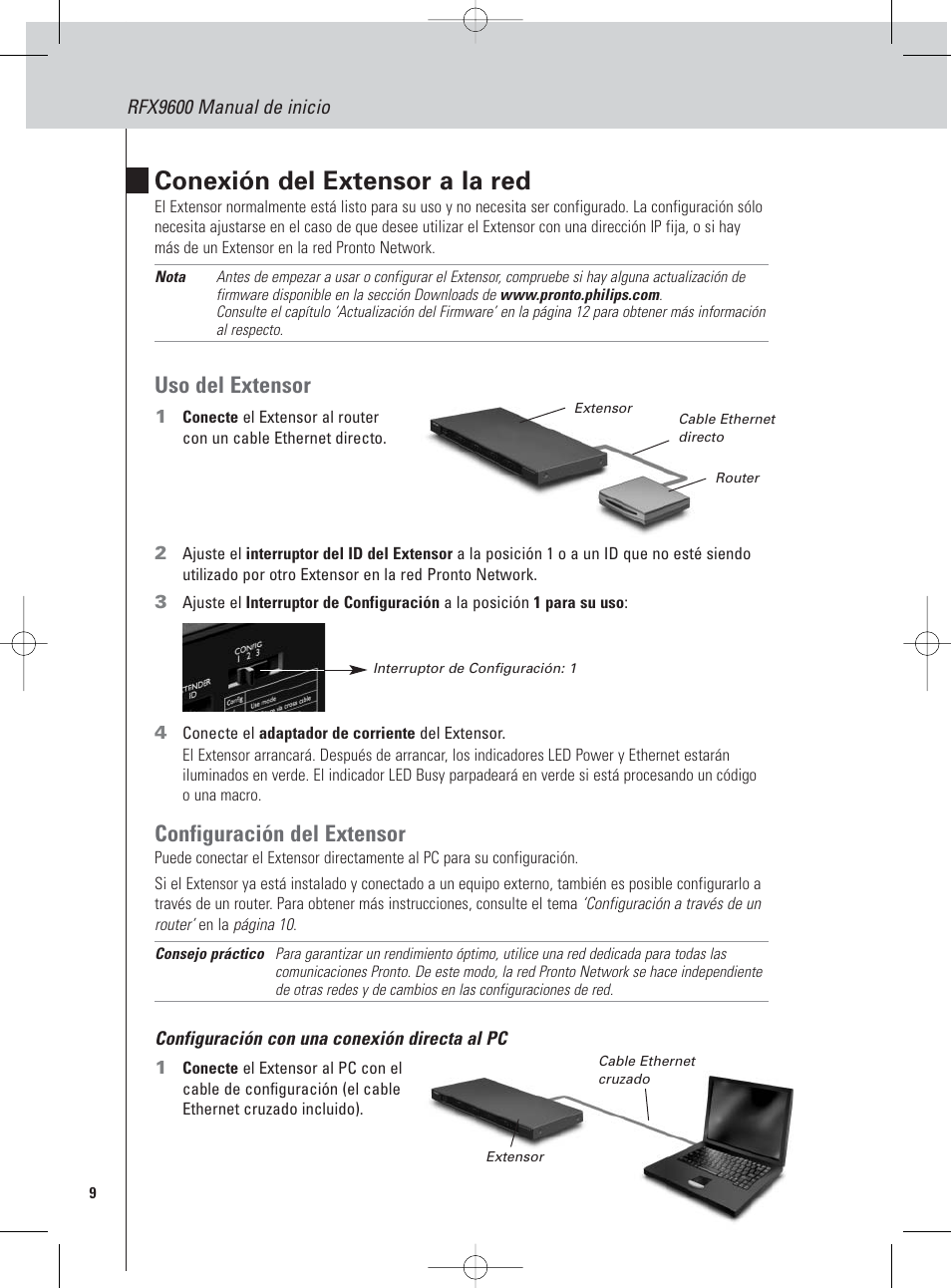 Conexión del extensor a la red, Uso del extensor, Configuración del extensor | Philips Pronto Extensor en serie User Manual | Page 26 / 48