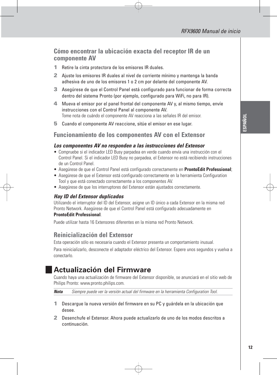 Actualización del firmware, Reinicialización del extensor | Philips Pronto Extensor en serie User Manual | Page 29 / 48