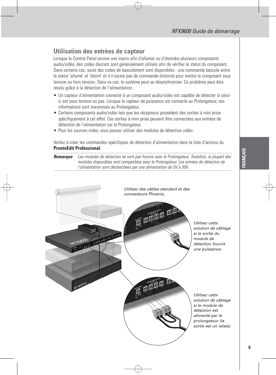 Utilisation des entrées de capteur | Philips Pronto Extensor en serie User Manual | Page 37 / 48