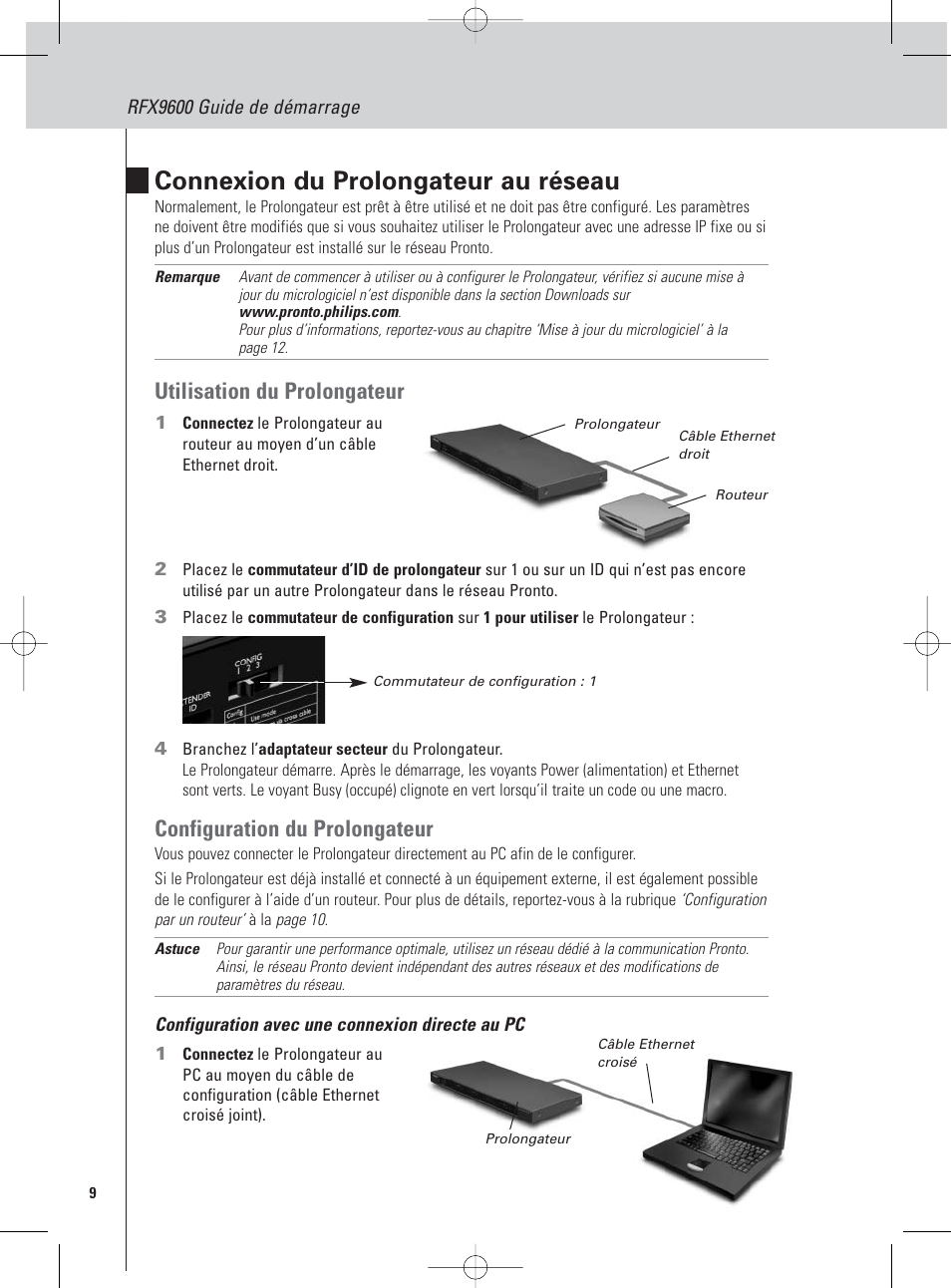 Connexion du prolongateur au réseau, Utilisation du prolongateur, Configuration du prolongateur | Philips Pronto Extensor en serie User Manual | Page 40 / 48