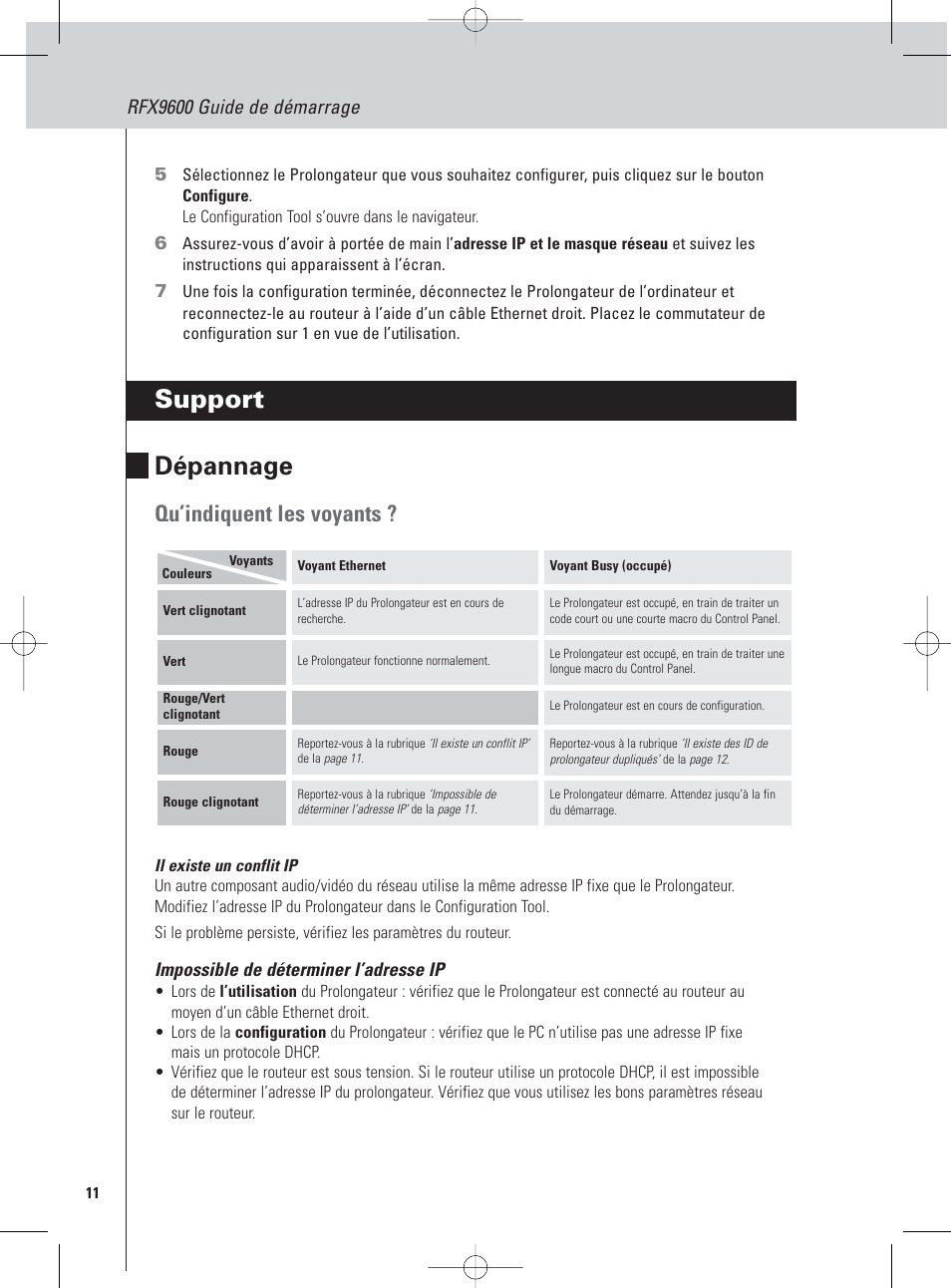 Support dépannage, Qu’indiquent les voyants, Rfx9600 guide de démarrage | Philips Pronto Extensor en serie User Manual | Page 42 / 48