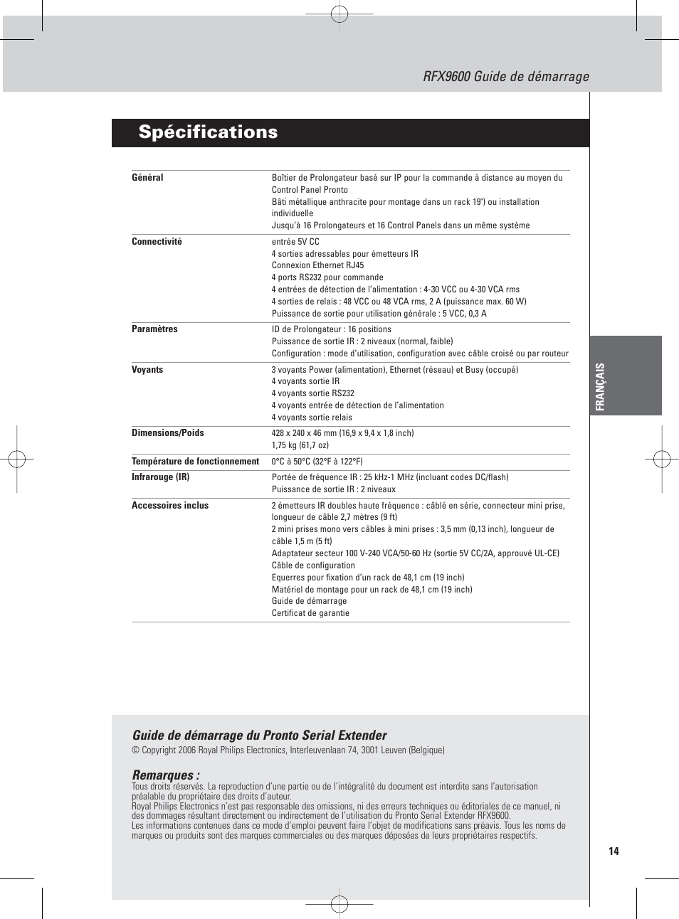 Spécifications, Rfx9600 guide de démarrage, Guide de démarrage du pronto serial extender | Remarques | Philips Pronto Extensor en serie User Manual | Page 45 / 48