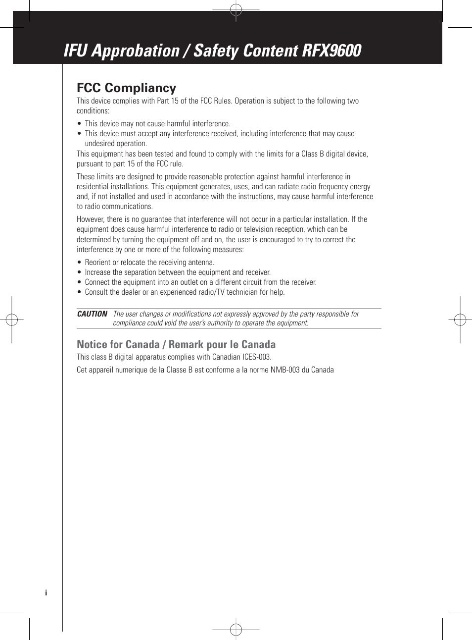 Ifu approbation / safety content rfx9600, Fcc compliancy, Notice for canada / remark pour le canada | Philips Pronto Extensor en serie User Manual | Page 46 / 48