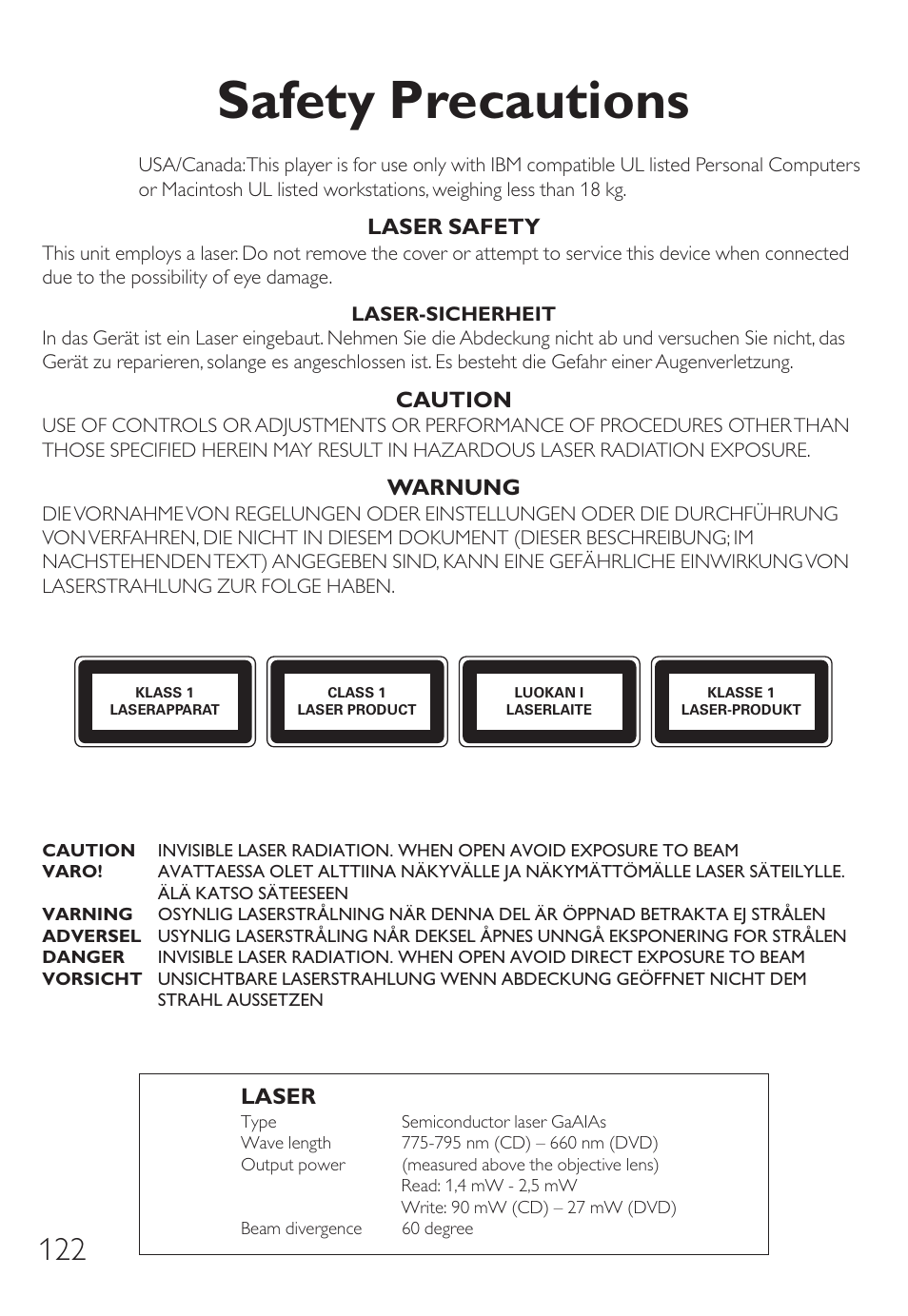Safety precautions | Philips Unidad interna User Manual | Page 122 / 124