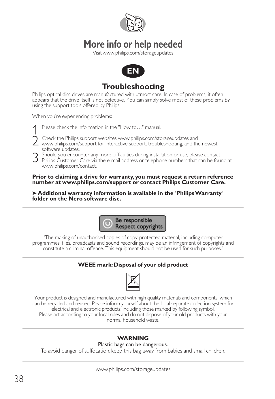 More info or help needed, Troubleshooting | Philips Unidad interna User Manual | Page 38 / 124