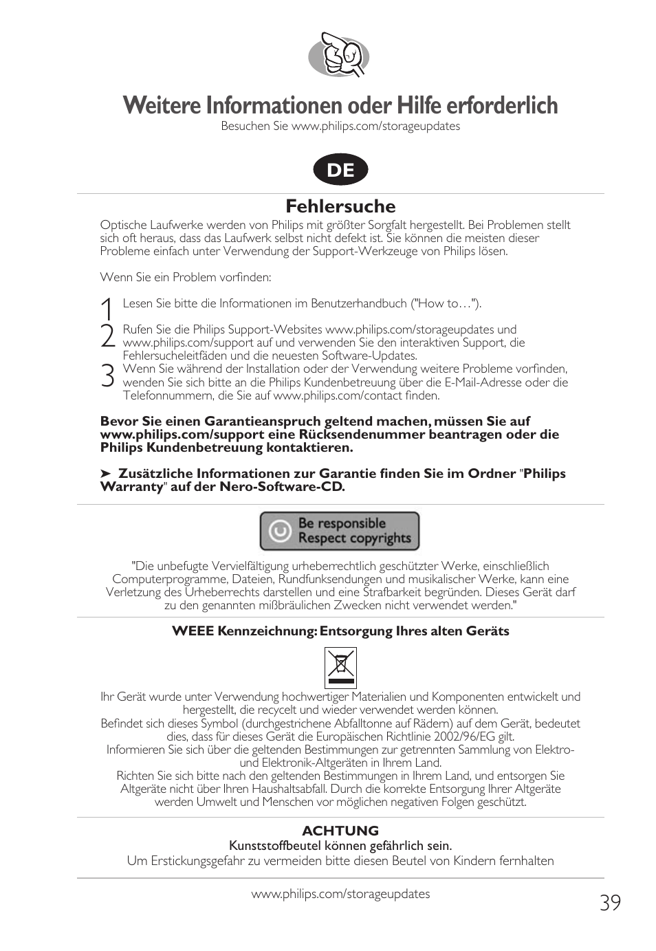 Weitere informationen oder hilfe erforderlich, Fehlersuche | Philips Unidad interna User Manual | Page 39 / 124