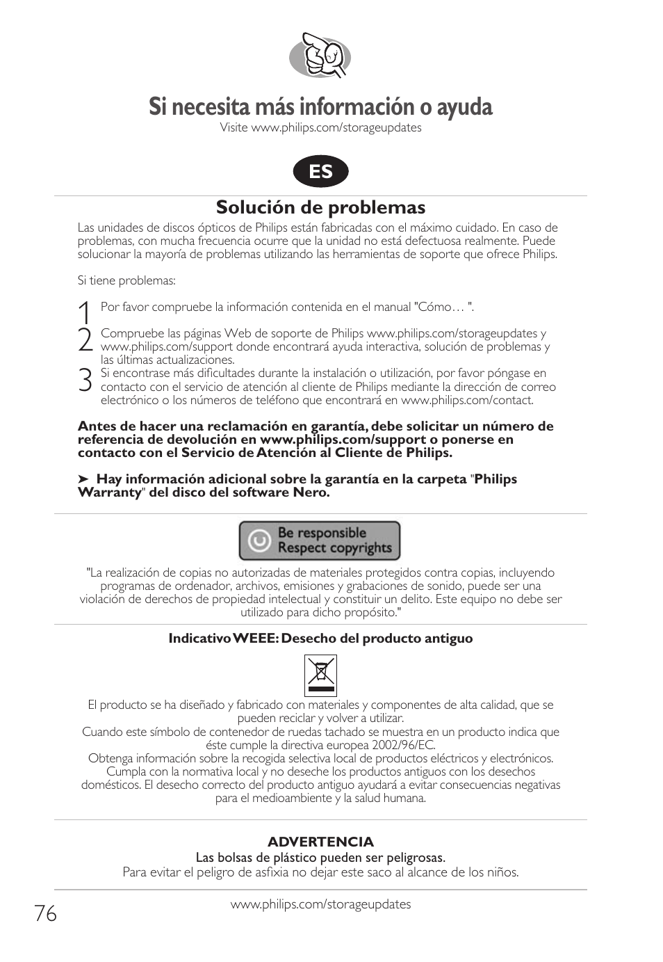 Si necesita más información o ayuda, Solución de problemas | Philips Unidad interna User Manual | Page 76 / 124
