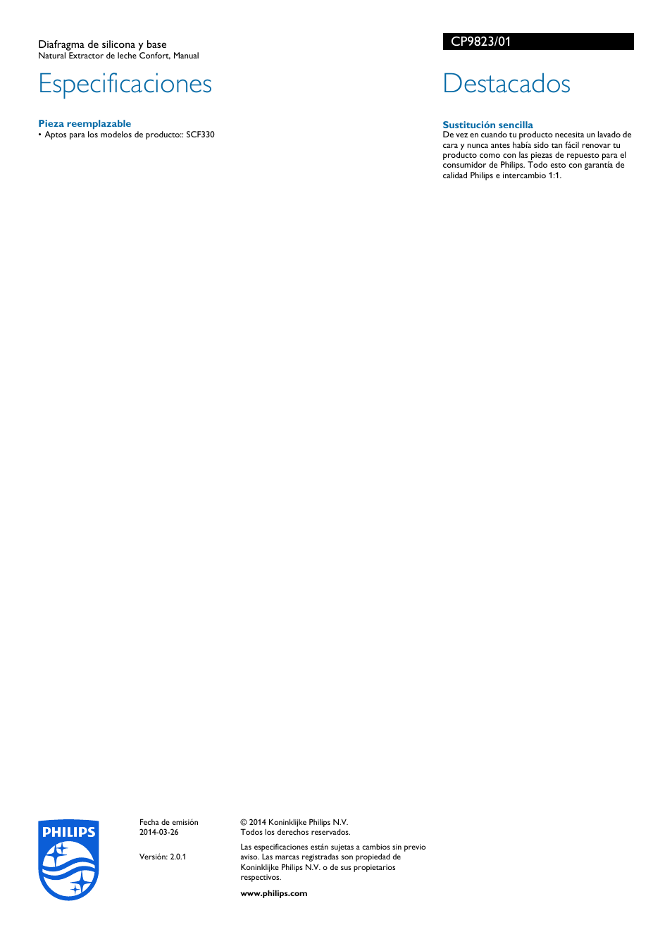 Sustitución sencilla, Especificaciones, Destacados | Philips AVENT Diafragma de silicona y base User Manual | Page 2 / 2