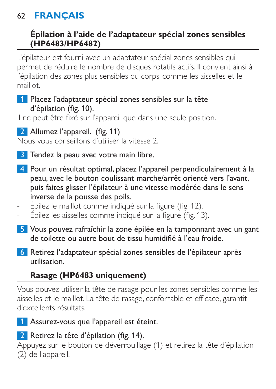 Rasage (hp6483 uniquement) | Philips Satinelle Depiladora User Manual | Page 62 / 120