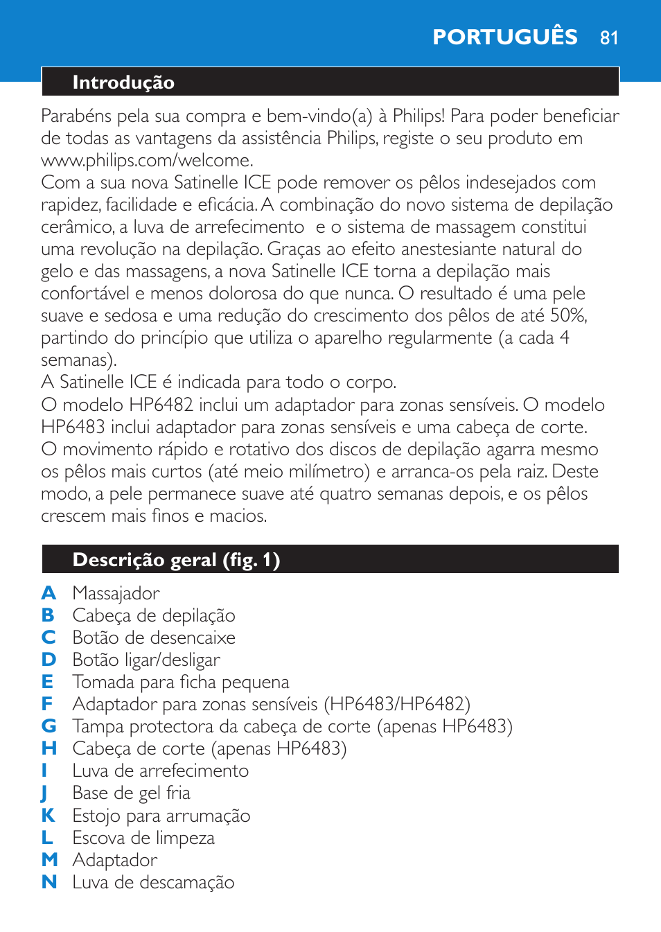 Português, Introdução, Descrição geral (fig. 1) | Philips Satinelle Depiladora User Manual | Page 81 / 120