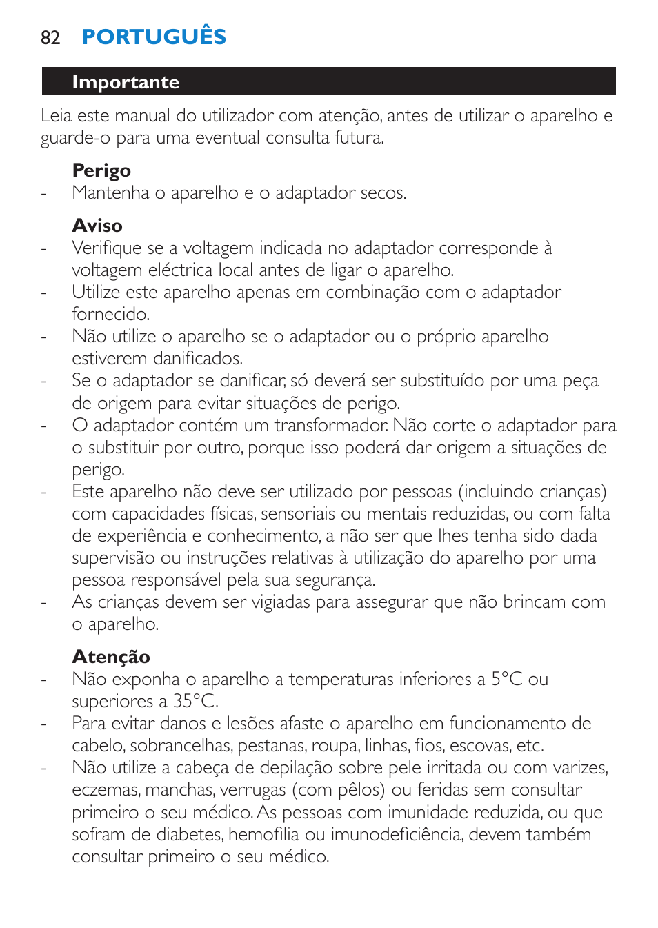 Perigo, Aviso, Atenção | Importante | Philips Satinelle Depiladora User Manual | Page 82 / 120