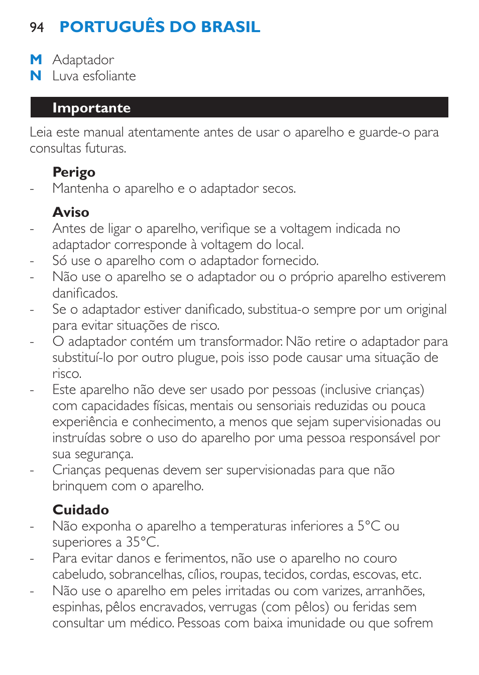 Perigo, Aviso, Cuidado | Importante | Philips Satinelle Depiladora User Manual | Page 94 / 120