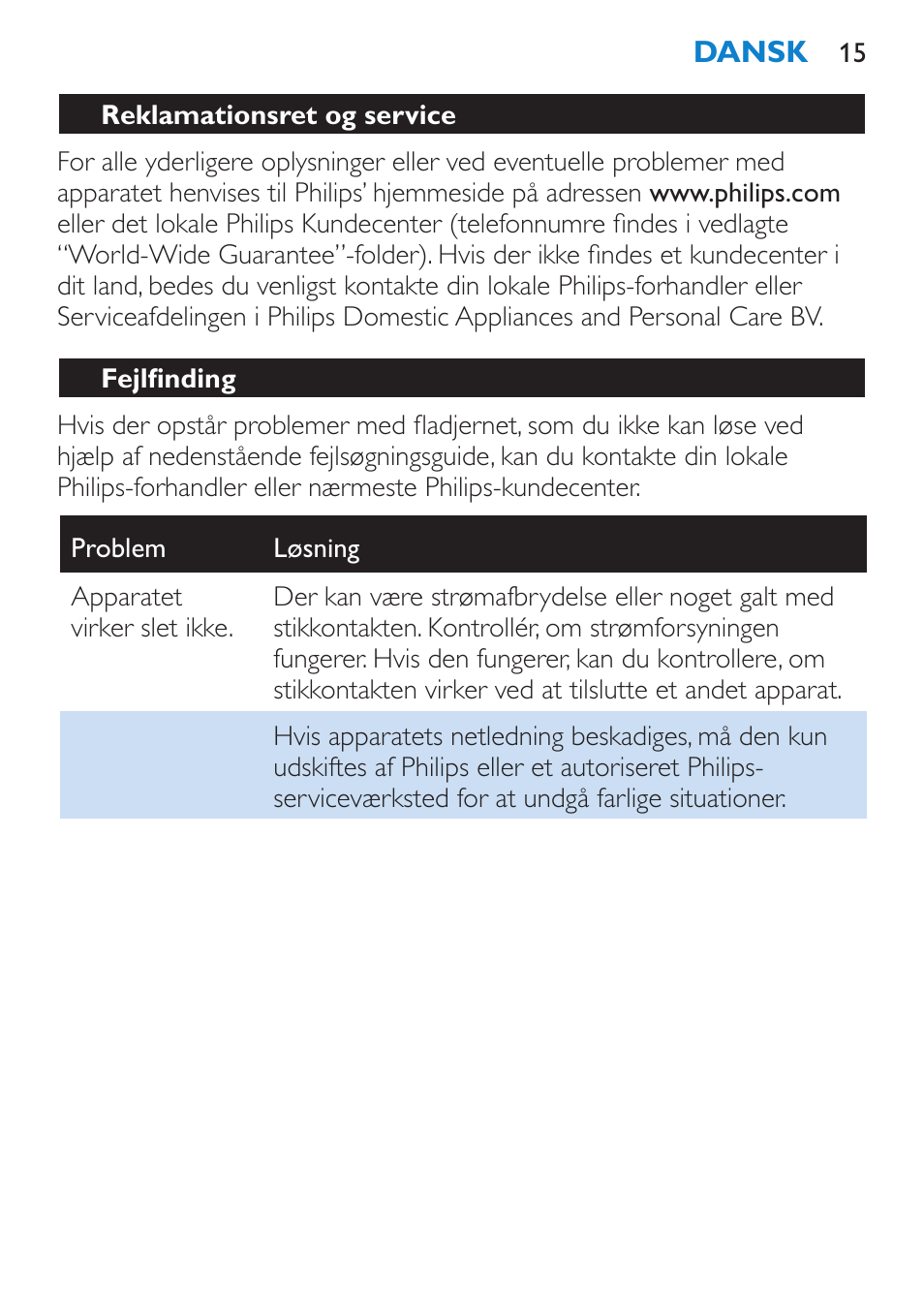 Reklamationsret og service, Fejlfinding | Philips SalonStraight Initial Plancha para el pelo User Manual | Page 15 / 80