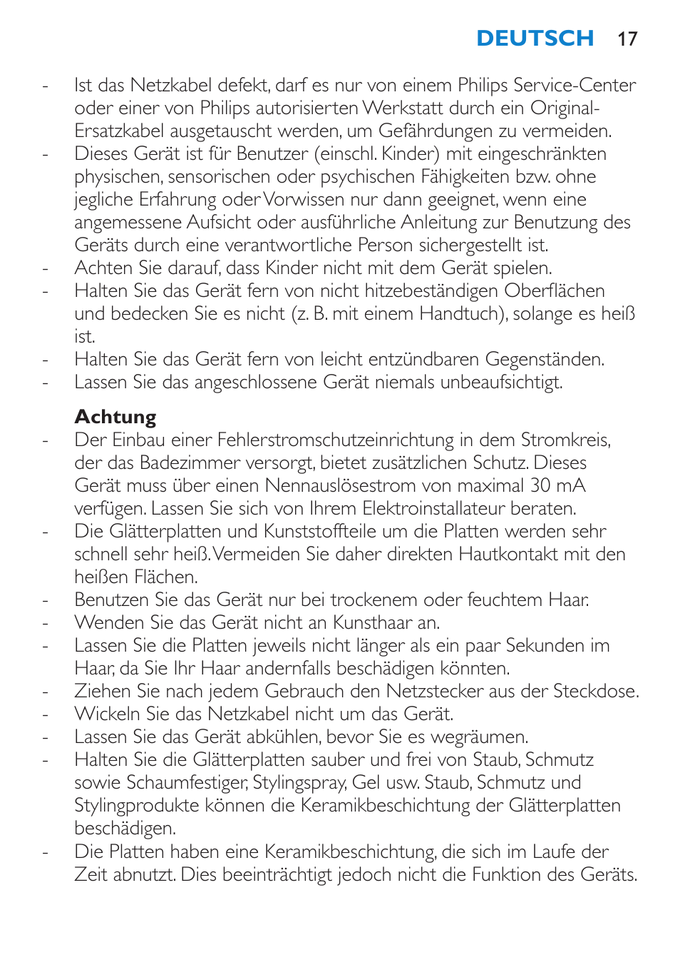 Achtung | Philips SalonStraight Initial Plancha para el pelo User Manual | Page 17 / 80