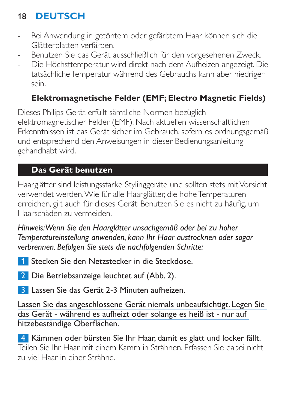 Das gerät benutzen | Philips SalonStraight Initial Plancha para el pelo User Manual | Page 18 / 80