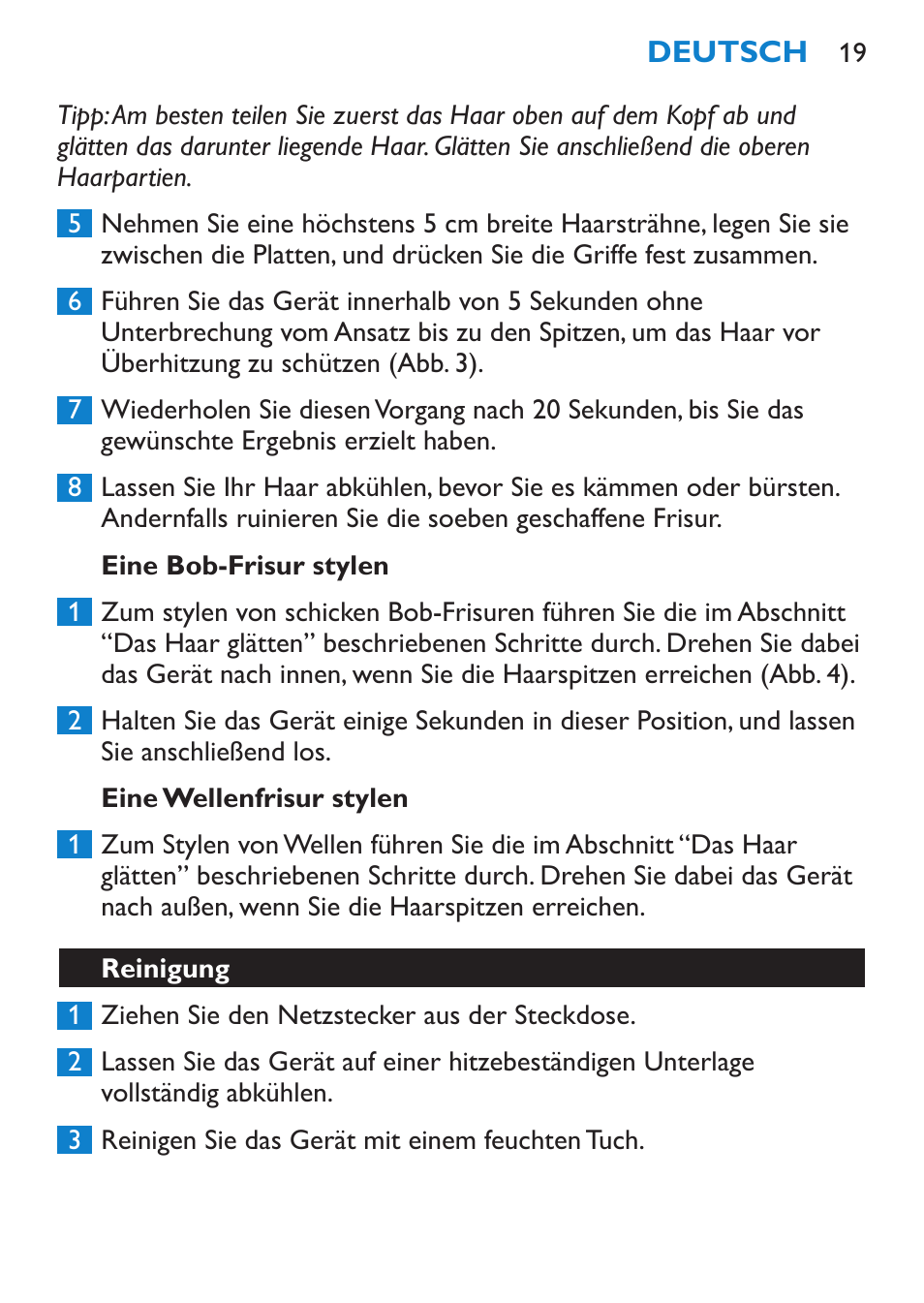 Eine bob-frisur stylen, Eine wellenfrisur stylen, Reinigung | Philips SalonStraight Initial Plancha para el pelo User Manual | Page 19 / 80